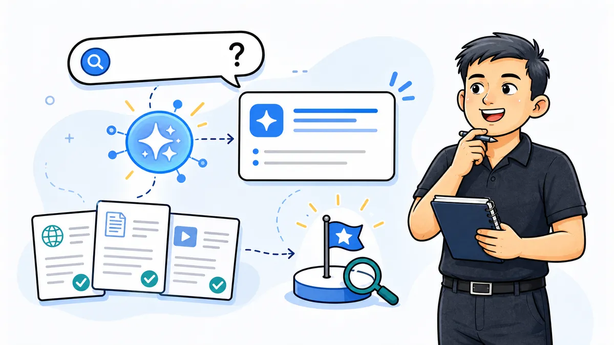 Ilustrasi Habib Hidayat memikirkan AI search, sumber artikel, ringkasan jawaban, dan brand yang ditemukan