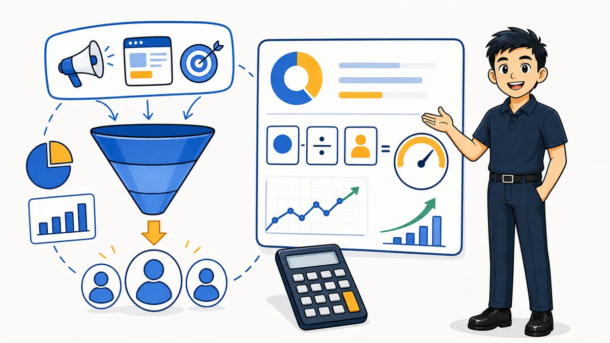 Ilustrasi Habib Hidayat menjelaskan Customer Acquisition Cost dengan funnel akuisisi, calculator, dashboard biaya, dan pelanggan baru