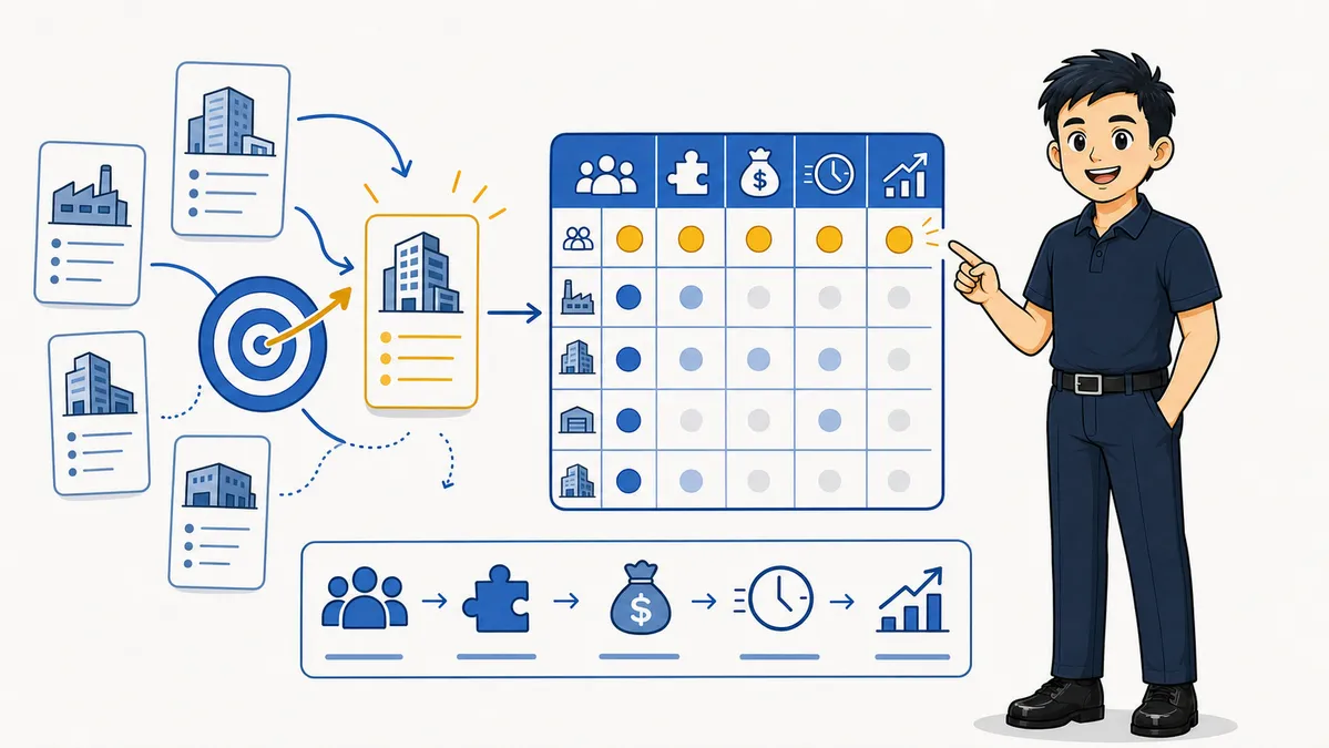 Ilustrasi Habib Hidayat menentukan Ideal Customer Profile B2B dengan kartu perusahaan, target, dan matriks fit