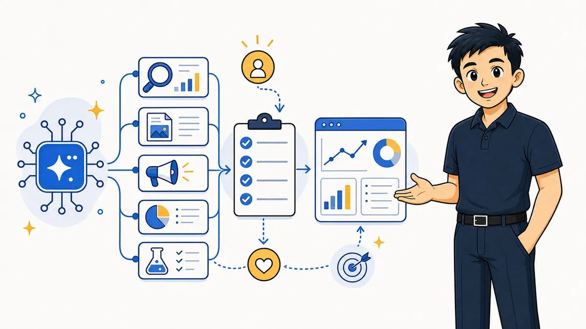 Ilustrasi workflow AI marketing yang membantu usaha kecil memilih pekerjaan berdampak